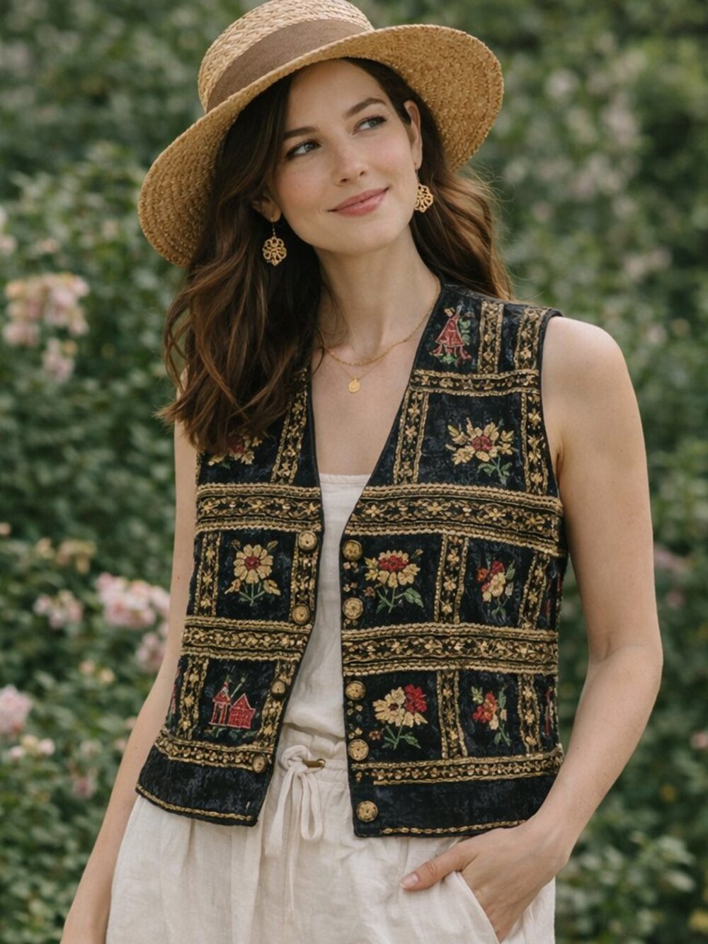 Vintage TanTrums Embroidered Tapestry Vest Black Floral Boho Cottagecore Folk 1X